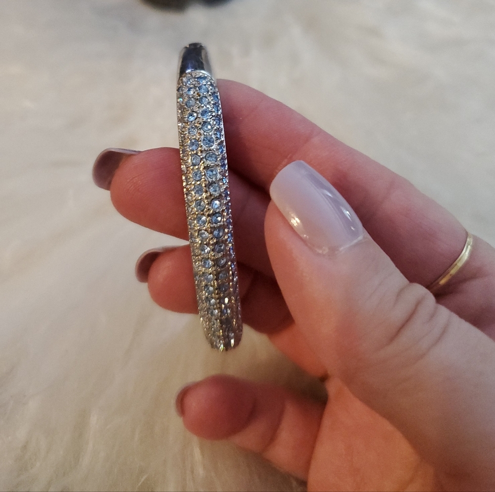 Sparkly Silver Bangle, with Light Blue Crystals, Some Patina